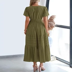 Back view of a tiered olive green midi dress featuring delicate puff sleeves and texture