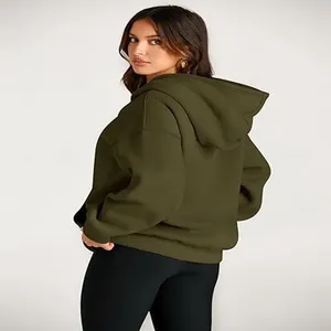 Rear view of an oversized olive green hooded sweatshirt for women's athletic leisure