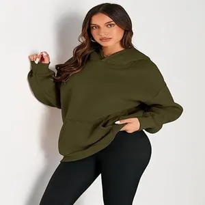 Detailed view of women's olive green oversized hoodie with a cozy kangaroo pocket.