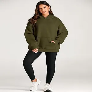 Detailed view of an oversized olive green hooded sweatshirt for women in casual style.