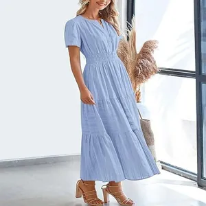 Fashionable light blue tiered maxi dress featuring a V-neck and pleated puff sleeves