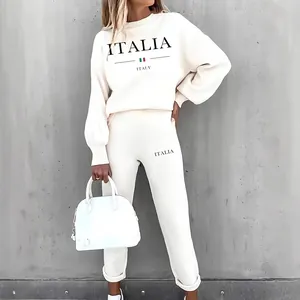 Ensemble Décontracté Femme Sweat et Joggers Imprimé Lettres Italia Tenue Top And Bottom Manches Longues Col Rond Streetwear