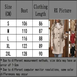 Detailed measurement size chart for women's slim fit lapel wool coat in centimeters
