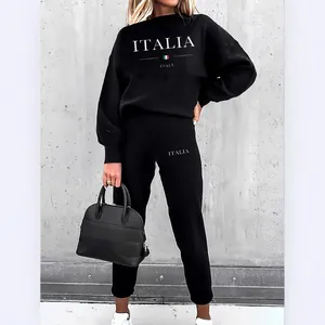 Ensemble de détente noir confortable pour femme avec sweat à imprimé Italia et pantalon assorti