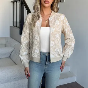 Giacca bomber casual da donna con ricamo floreale, zip e polsini a costine.