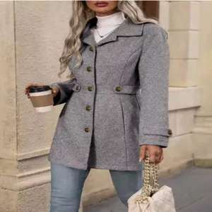 Elegant gray slim fit woolen pea coat with classic lapel and button details for women