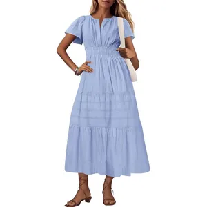 Women V Neck Pleated Puff Sleeve Layered Maxi Dress Casual Solid Color Tiered Smocked Long Dress Summer Fashion Clothing