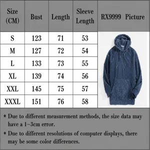 Detailed size chart for men's corduroy long sleeve hooded sweatshirt with pockets.