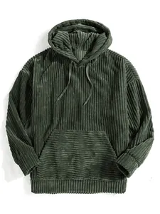 Close-up detail of dark green corduroy hoodie with ribbed texture and kangaroo pocket