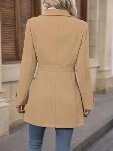 Detailed back view of a slim-fit khaki woolen overcoat for women's autumn winter style