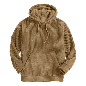 Detail of brown corduroy hoodie with pocket and drawstring for men