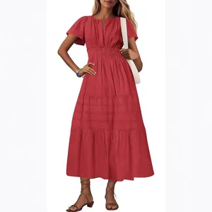 Elegant red V-neck tiered maxi dress featuring flutter sleeves and a smocked elastic waist
