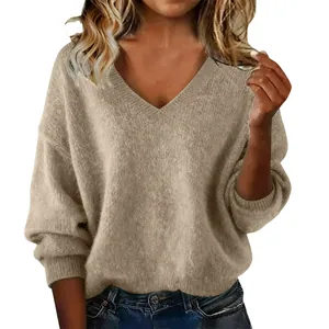 Elegant women's loose V-neck knit sweater in solid khaki, soft autumn winter fashion top