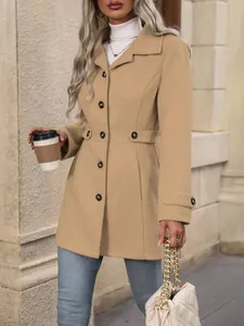 Elegant khaki slim fit wool coat with lapel collar for women's autumn winter style