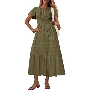 Stylish olive green V-neck tiered maxi dress with smocked waist and flutter sleeves