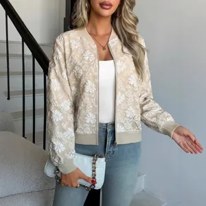 Giacca bomber da donna elegante con ricami floreali, zip e bordi a costine chic