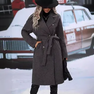 Stylish dark grey double-breasted belted wool coat for women 2025 winter style
