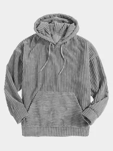 Detailed view of men's grey corduroy long sleeve hoodie with front pouch pocket.