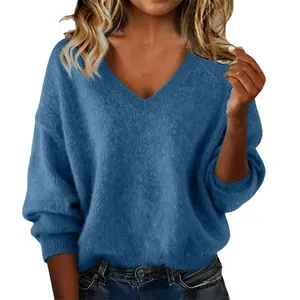Women V-Neck Knitted Sweater Loose Long Sleeve Pullover Solid Color Autumn Winter Oversized Casual Knit Jumper Top