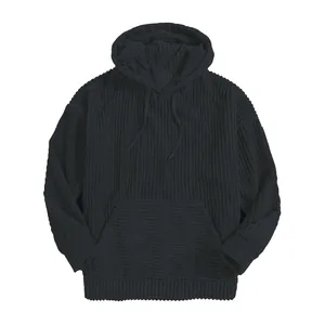 Close-up of men's solid black corduroy hoodie showing soft ribbed fabric texture