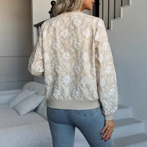 Elegante giubbotto bomber beige ricamato a fiori sciolti cappotto da baseball donna