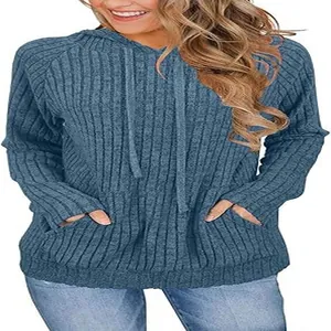 Sudadera con capucha de punto acanalado azul para mujer con bolsillos y cordón