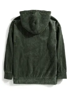 Back view of dark green corduroy hoodie showing vertical ribbed texture and hood detail.