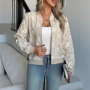 Giacca bomber beige elegante ricamata a fiori con cerniera frontale e polsini a coste