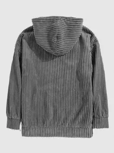 Back view of men's grey corduroy long sleeve hooded sweatshirt with ribbed hem detail