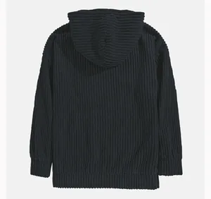 Detailed back view of men's navy blue corduroy hoodie with ribbed fabric texture