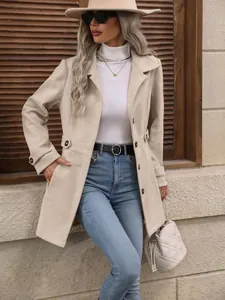Full view of a stylish beige slim-fit wool coat with lapel collar for autumn and winter.
