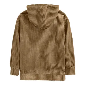 Back view of a brown men's corduroy hoodie with ribbed cuffs and hem.
