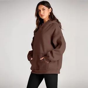 Cozy oversized brown hooded sweatshirt for women, autumn winter casual sports style