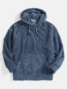 Close-up detail of men's blue corduroy long sleeve hoodie with pocket and drawstring
