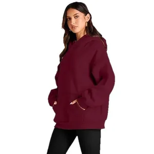 Loose burgundy hooded sweatshirt for women, warm long sleeve casual sportswear