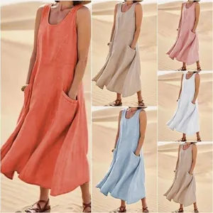 Women Sleeveless Round Neck Maxi Dress Loose Fit Side Pockets Solid Color Acetate Splicing Casual Summer Vacation Sundress
