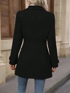 Back view of women's elegant black slim fit woolen coat with refined waist stitching