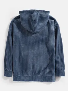 Back view of men's blue corduroy hoodie showing thick ribbed texture and hood detail