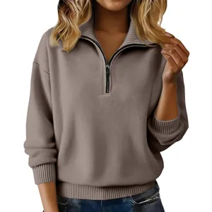 Damen Casual Fleecepullover mit halbem Reißverschluss in Khaki, lockere Passform.