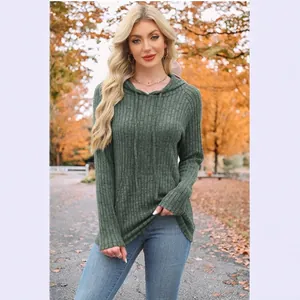 Sudadera con Capucha de Punto Acanalado para Mujer Jersey de Manga Larga con Bolsillo Color Sólido Casual