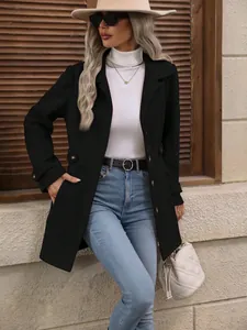 Elegant women's black slim-fit woolen coat with lapel collar for autumn and winter