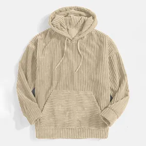 Men's beige solid color corduroy hoodie with kangaroo pocket and drawstring details