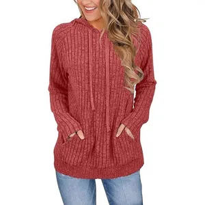 Sudadera con capucha de punto acanalado para mujer con bolsillo en color rojo-rosa