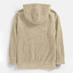 Back view of khaki corduroy long sleeve hoodie with a clear vertical rib texture.
