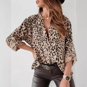 Stylish leopard print long sleeve button-up blouse for women, loose fit casual shirt