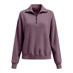 Detailansicht eines lila Strickpullovers mit halbem Reißverschluss und Stehkragen