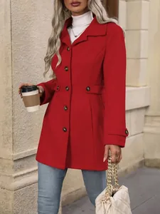 Elegant slim-fit red wool coat with lapel collar for autumn and winter fashion