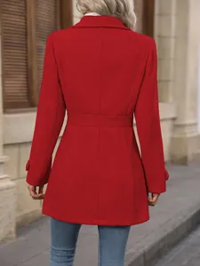 Back view of a vibrant red slim-fit woolen coat featuring elegant waistline stitching.