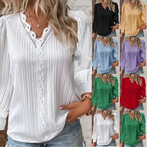 Elegant women's lace V-neck textured long sleeve blouse in multiple stylish color options