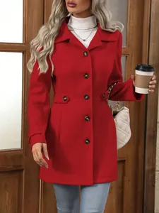Detailed shot of elegant red lapel wool coat with button-down front